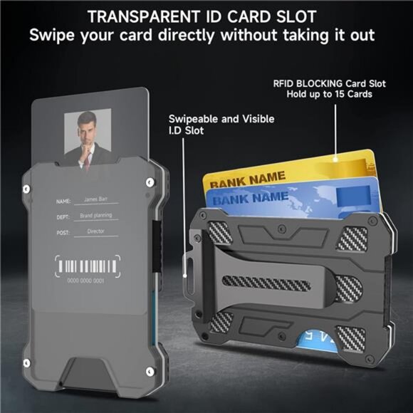 Minimalist Wallet Slim Metal w/ Money Clip Slip-Out Silicone Transparent Window - Picture 2 of 7